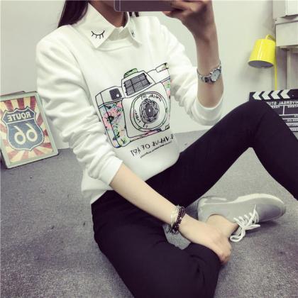 Harajuku Camera Shirt Collar Long-sleeved Shirt