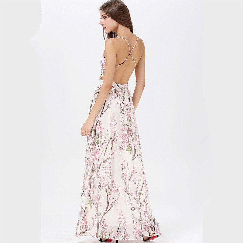 White Floral Print Plunge V Spaghetti Straps Maxi Dress Featuring Open Back Detailing